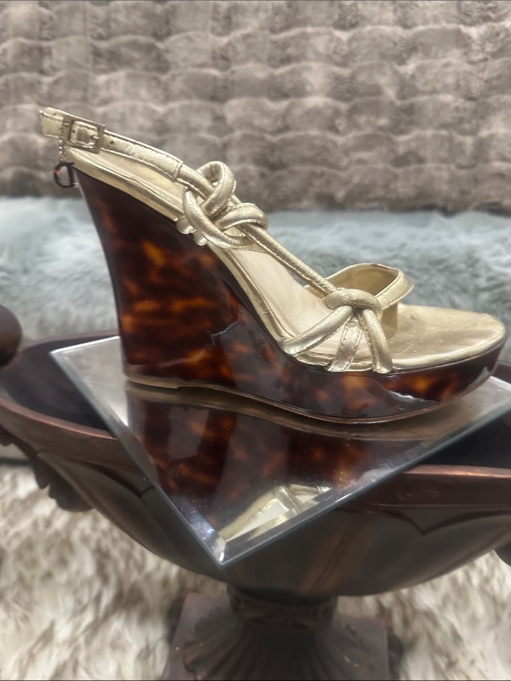 DIOR Gold Knot-Strap Wedge Sandals with Tortoiseshell Platform w/dangling D